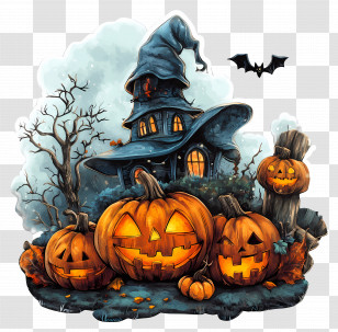 Halloween Banner Template - Carved Pumpkins And Witch Hat House Transparent PNG