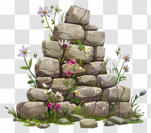 Stone Wall - Rock Pile Decorated With Wildflowers Transparent PNG