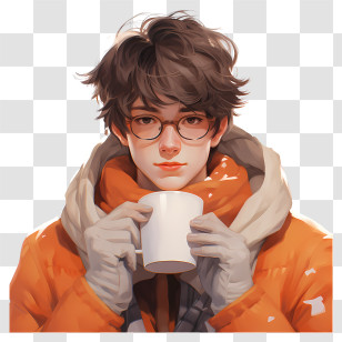 Digital Painting - Person In Orange Coat Holding Mug Transparent PNG