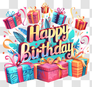 Cute Happy Birthday Text - Happy Birthday Text With Colorful Gift Boxes Transparent PNG
