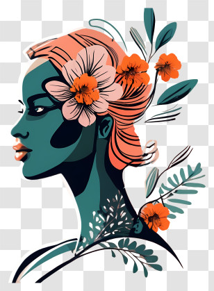 French Braid Hairstyle - Artistic Woman Illustration With Flowers Transparent PNG