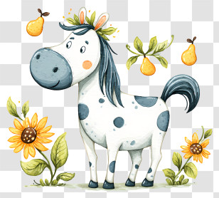 Cute Horse In Garden - Spotted Horse With Sunflowers Transparent PNG