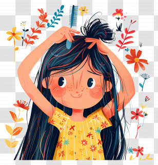 Girl Combing Hair - Girl Combing Hair With Flowers Transparent PNG