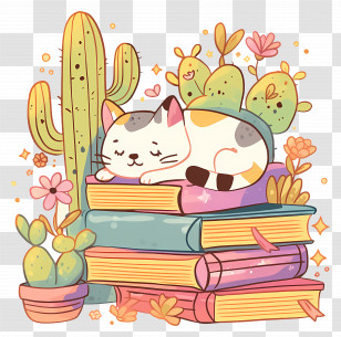 Cat Sleeping On Books - Cute Sleepy Cat On Books With Cactus Background Transparent PNG