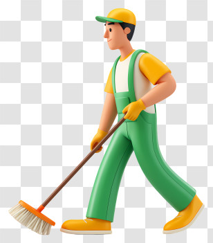 Man Doing Floor Cleaning - Cartoon Cleaner With Broom Transparent PNG