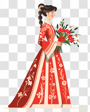 Cartoon Bride - Bride Illustration In Red Traditional Floral Dress Transparent PNG