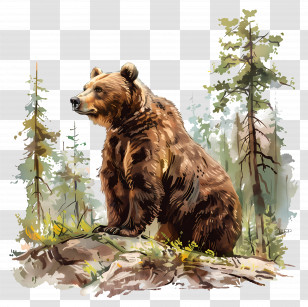 Bear In Forest - Grizzly Bear Illustration In Forest Setting Transparent PNG