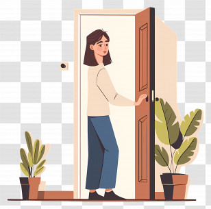 Open The Door - Woman Opening Door With Plants Transparent PNG