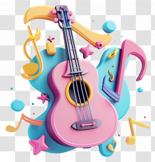World Music Day - 3D Pink Guitar With Musical Notes And Splash Design Transparent PNG