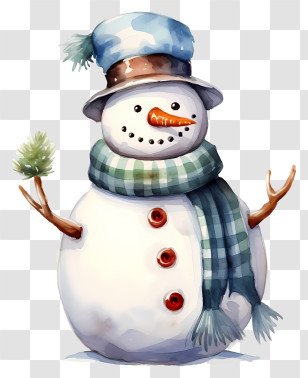 Snowman - Adorable Snowman With A Blue Hat And Striped Scarf Transparent PNG