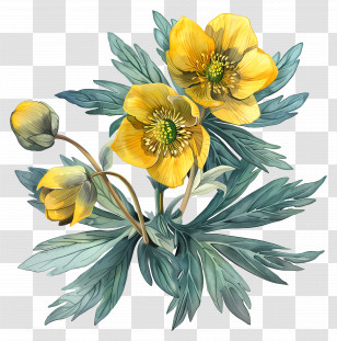 Winter Aconite - Vivid Yellow Flowers With Green Foliage Artwork Transparent PNG
