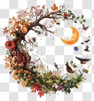 September Equinox - Fantasy Tree And Moon With Birds And Flowers Transparent PNG