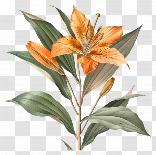 Lily Stem - Orange Lily With Elegant Leaves Illustration Transparent PNG