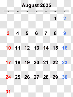 August 2025 Calendar - August 2025 Calendar With Dates Transparent PNG