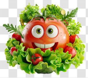 3d Cartoon Food - Smiling Tomato Character With Vegetables Transparent PNG