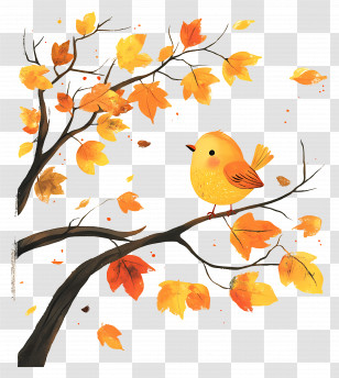 Autumn Nature - Yellow Bird Perching On Autumn Leaves Transparent PNG