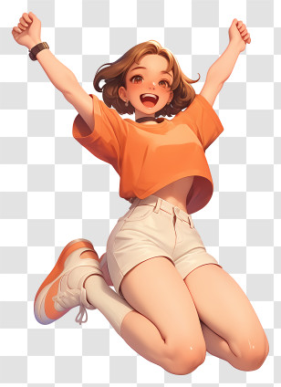 Girl Joyfully Jumping - Joyful Girl In Orange Outfit Transparent PNG