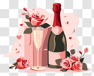 Valentine Champagne - Champagne Bottle And Wine Glass With Roses Transparent PNG