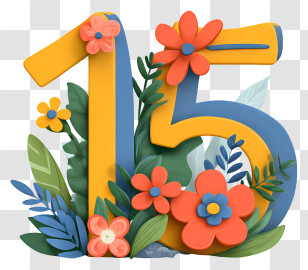 Number 15 Flowers - Decorative Number 15 With Flowers Transparent PNG