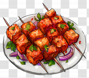 Paneer Tikka - Delicious Plate Of Grilled Skewers With Garnishes Transparent PNG