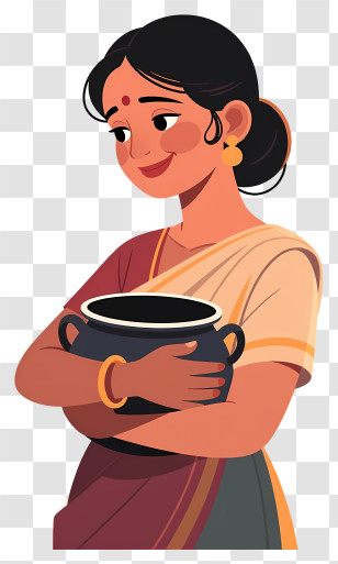 Indian Woman Drawing Water - Woman Holding Clay Pot Transparent PNG