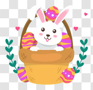 White Bunny - Cute Easter Bunny In Basket With Eggs Transparent PNG