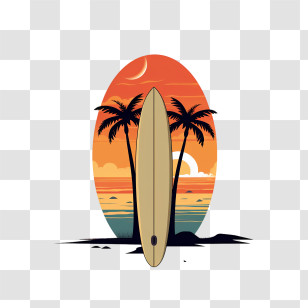 Surfing Board - Surfboard With Tropical Sunset Illustration Transparent PNG