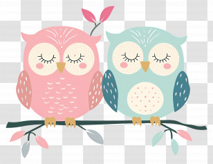 Cute Owls - Pink And Blue Cartoon Owls On A Branch Transparent PNG