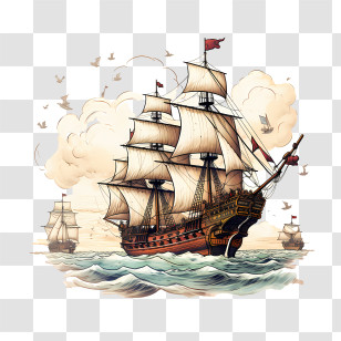 Columbus Day - Vintage Sailing Ship On Ocean Illustration Transparent PNG