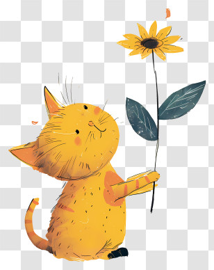 Little Cat Playing Flowers - Yellow Cat Holding A Sunflower Illustration Transparent PNG