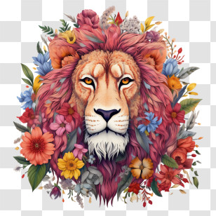 Lion - Floral Lion Illustration With Colorful Flowers Transparent PNG