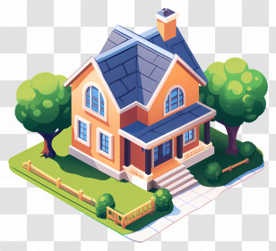 Isometric Dream House - Small Cute Doodle House With Trees And Bench Transparent PNG