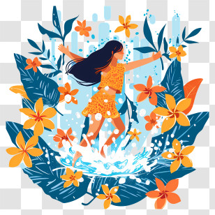 Girl Playing With Water - Woman Enjoying Nature With Flowers Transparent PNG