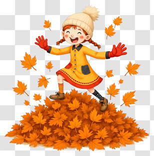 Cartoon Girl Celebrating Autumn - Joyful Girl In Autumn Leaves Transparent PNG