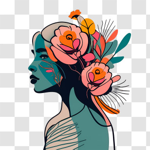 Woman Face - Artistic Female Profile With Flowers Illustration Transparent PNG