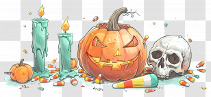 Halloween Decor - Halloween Pumpkin And Skull With Candles Transparent PNG