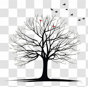 Tree With Birds - Minimalist Bare Tree Silhouette With Birds Transparent PNG