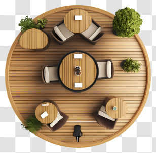 Rooftop Bar Topview - Wooden Table Set With Chairs And Plants Transparent PNG