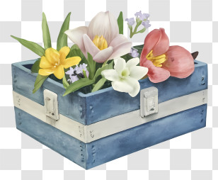 Blue Wooden Box - Blue Box With Mixed Flowers Transparent PNG