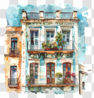 Building - Charming Watercolor House Facade Transparent PNG
