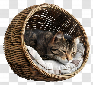 Cat Bed - Sleeping Cat In A Wicker Basket Transparent PNG