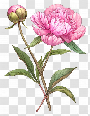 Pink Peony - Pink Peony Flower Illustration With Leaves Transparent PNG