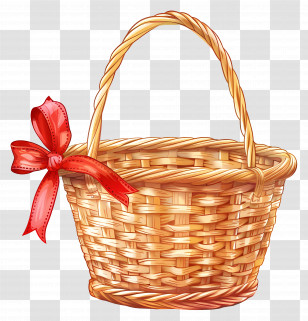 Wicker Basket - Woven Basket With Decorative Red Ribbon Transparent PNG