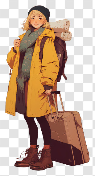 Anime‌ Traveler‌ - Yellow Coat Traveler With Luggage Transparent PNG