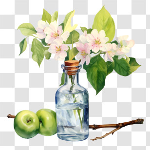Apple Blossom - Floral Illustration With Glass Bottle And Apples Transparent PNG