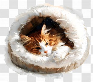 Cat Bed - Cozy Orange Cat Relaxing In Fluffy Bed Transparent PNG