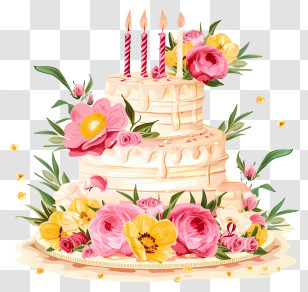 Birthday Cake And Flowers Vector Draw Design - Floral Birthday Cake Illustration With Candle Toppers Transparent PNG