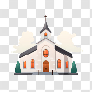 Church - Small White Church Illustration With Glowing Windows Transparent PNG