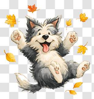 Dog Rolling In Autumn Leaves - Playful Fluffy Dog With Leaves Transparent PNG