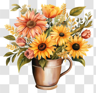 Coffee Flowers - Vibrant Sunflower And Floral Bouquet In A Vase Transparent PNG